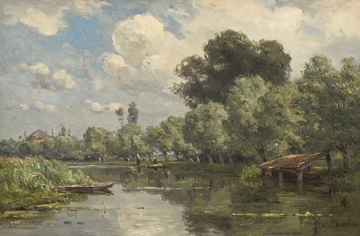 Jan Willem van Borselen: Rivierlandschap met boothuisje