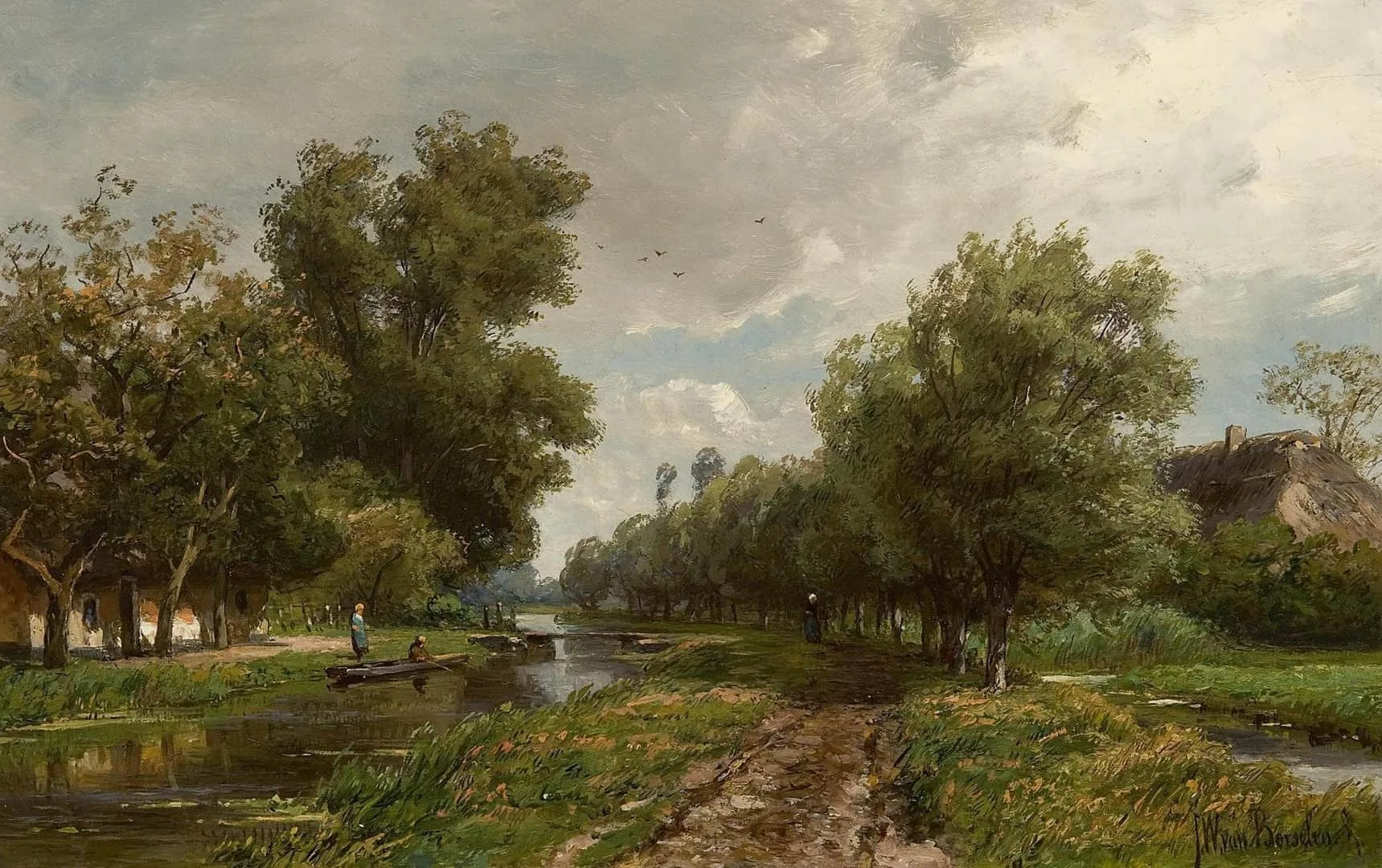 Jan Willem van Borselen: Zomers landschap met figuren langs een vaart