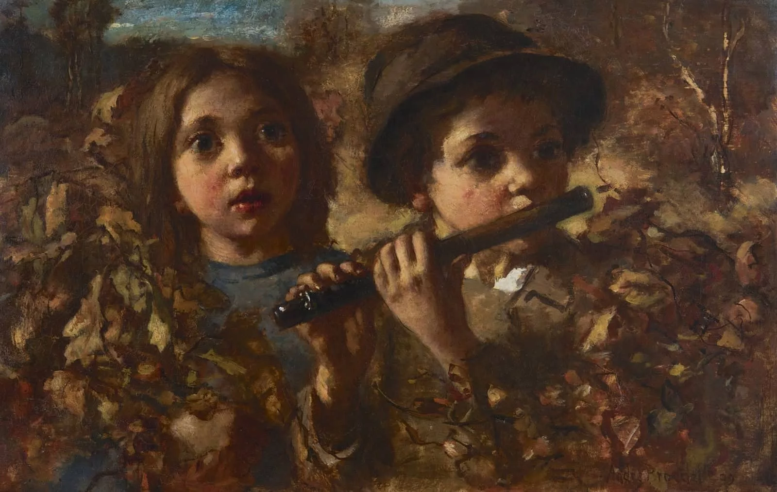André Broedelet: Twee kinderen in een herfsttuin