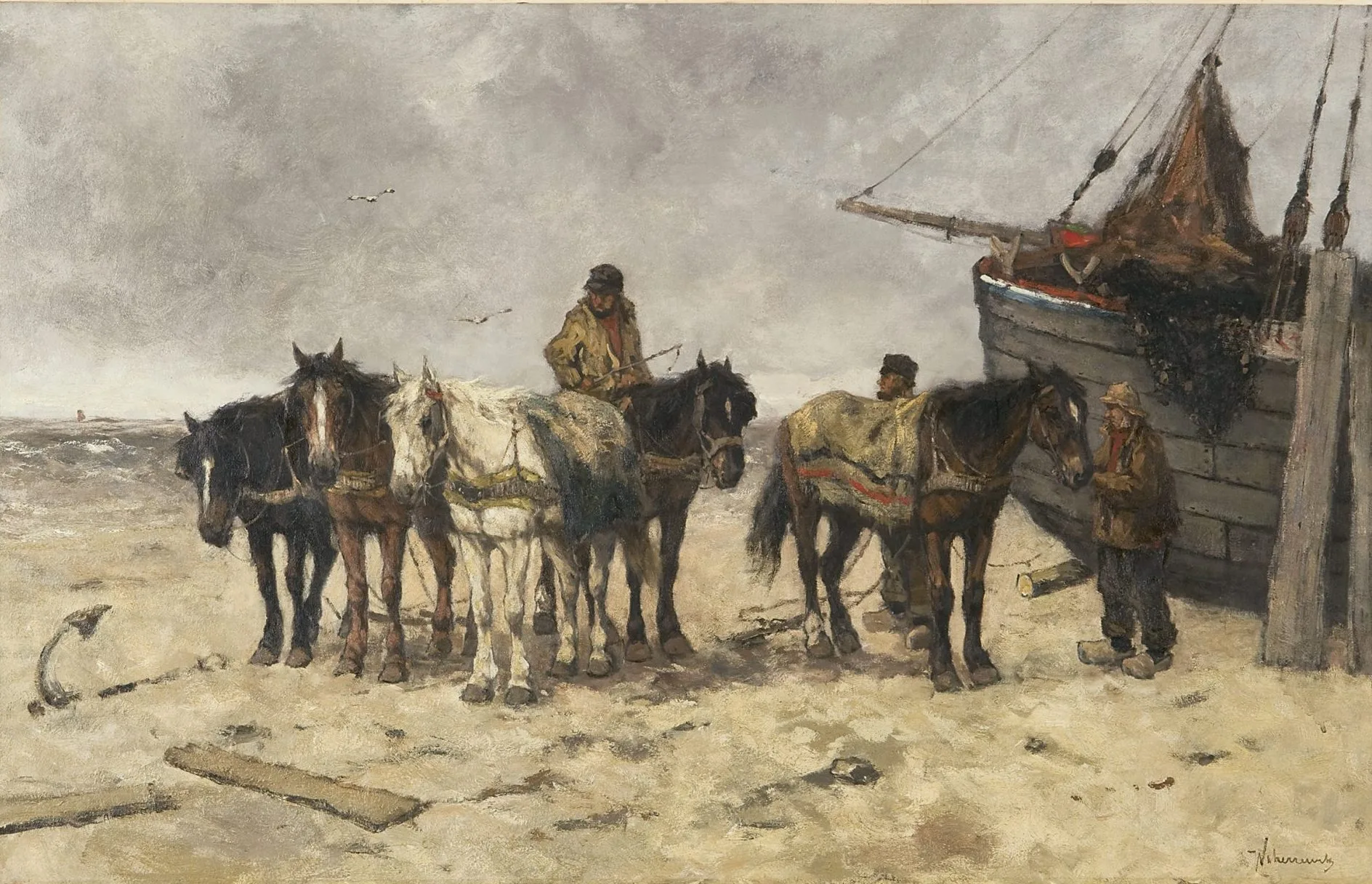 Johan Frederik Cornelis Scherrewitz: Vissers met trekpaarden op het strand