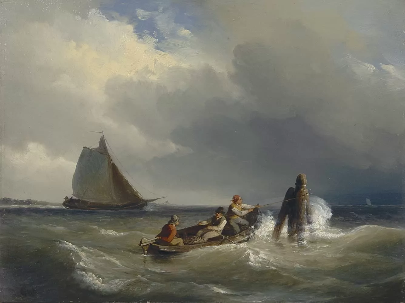 Cornelis Springer: Figuren in een roeiboot op woelig water