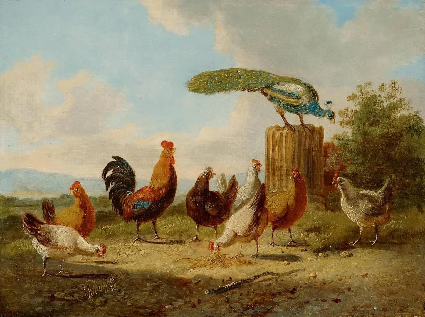 Albert Verhoesen: Een pauw, kippen en een haan in een zonnig landschap