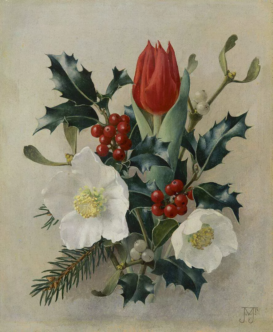 Jan Voerman jr.: Stilleven met hulst, helleborus en een rode tulp