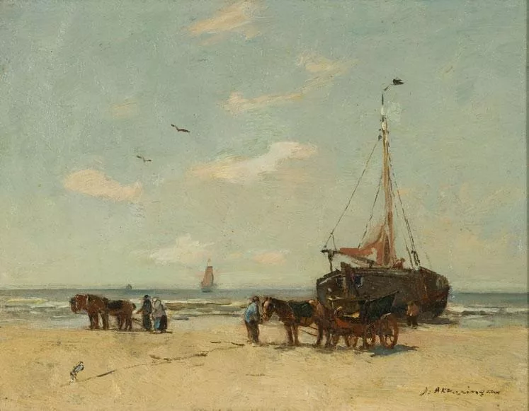 Johannes Evert Hendrik Akkeringa: Strandgezicht met figuren, paarden en een bomschuit