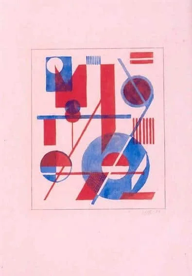 Wobbe Alkema: Compositie met blauw en rood (ontwerp voor tweekleurenlino)