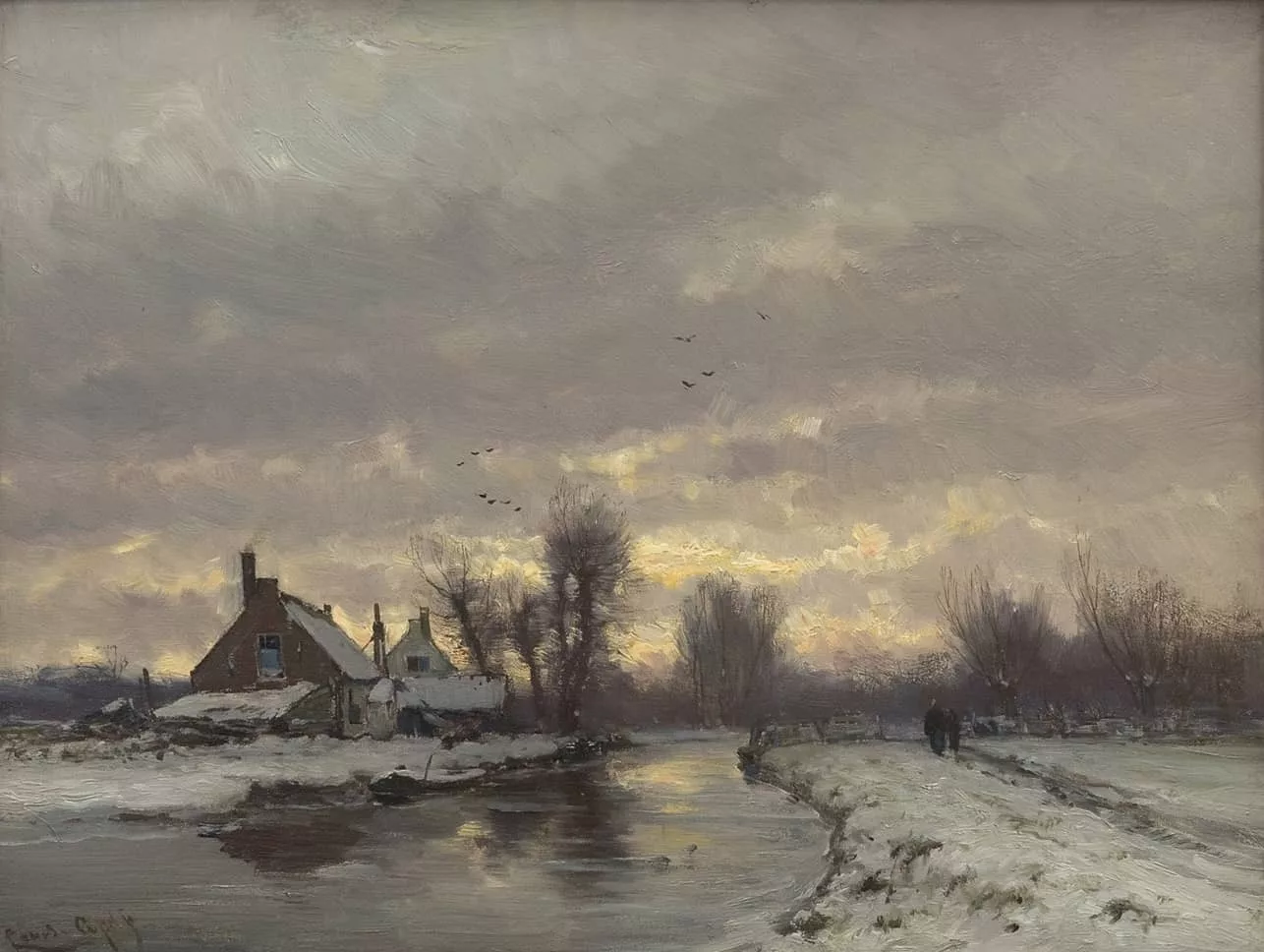 Louis Apol: Vaart bij ondergaande zon in besneeuwd landschap