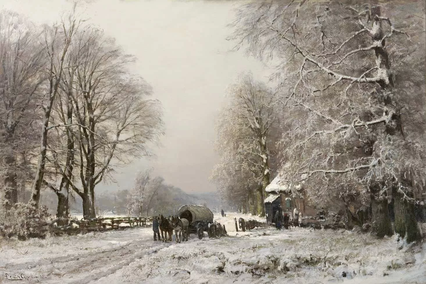 Louis Apol: Winters landschap met paard en wagen