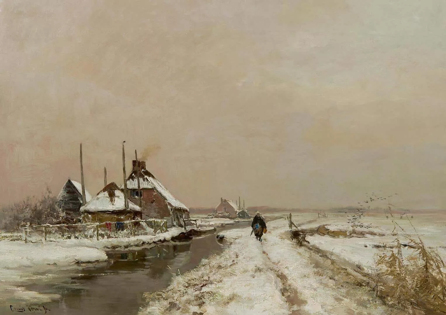 Louis Apol: Wandelaar langs een vaart in een winters landschap