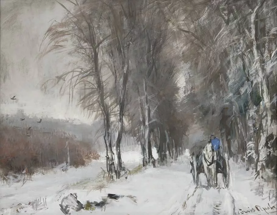 Louis Apol: Besneeuwde laan met paard en wagen