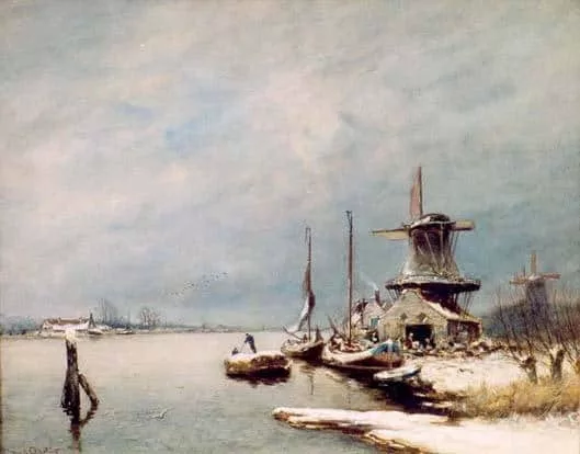 Louis Apol: Winters rivierlandschap met molens