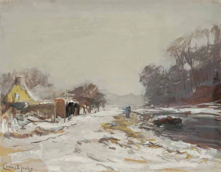 Louis Apol: Winters landschap met trekschuit