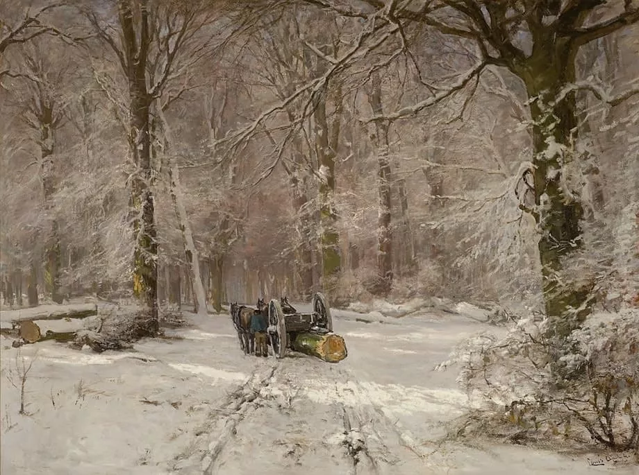 Louis Apol: Winters bosgezicht met paard en wagen