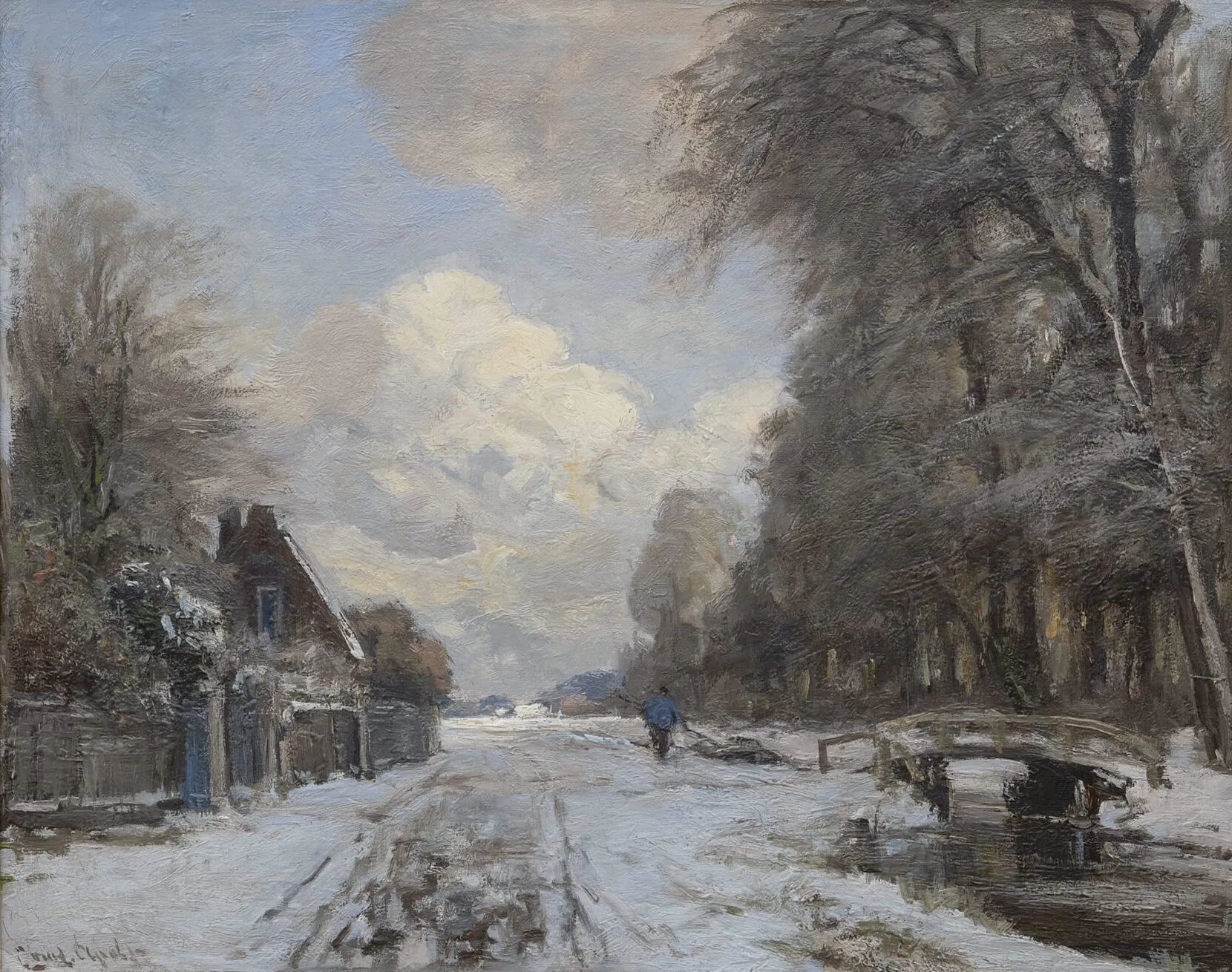 Louis Apol: Winterlandschap met wandelaar langs een vaart