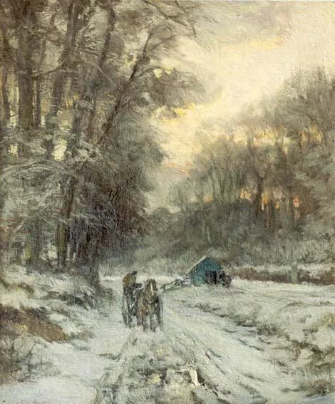 Louis Apol: Man op een 'Malle Jan' in een besneeuwd landschap