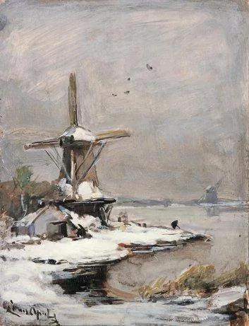 Louis Apol: Visser bij een molen in een winters polderlandschap