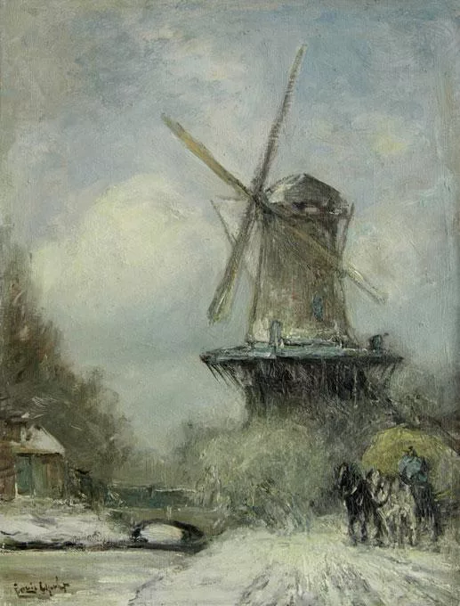 Louis Apol: Molen in besneeuwd landschap