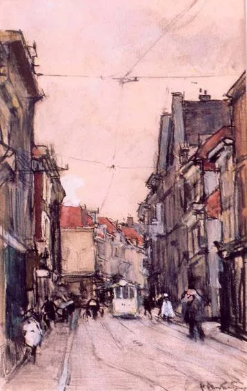 Floris Arntzenius: Figuren en een tram in de Wagenstraat te Den Haag