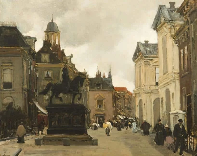 Floris Arntzenius: Het Noordeinde in Den Haag met zicht op de Hoogstraat en rechts Paleis Noordeinde