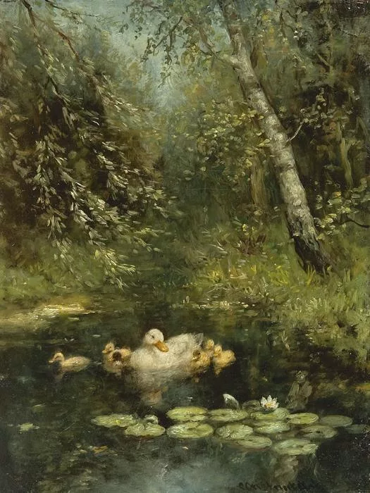 Constant Artz: Eendenfamilie in het water