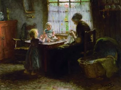 Bernardus Johannes Blommers: Interieur met een moeder en haar twee kinderen