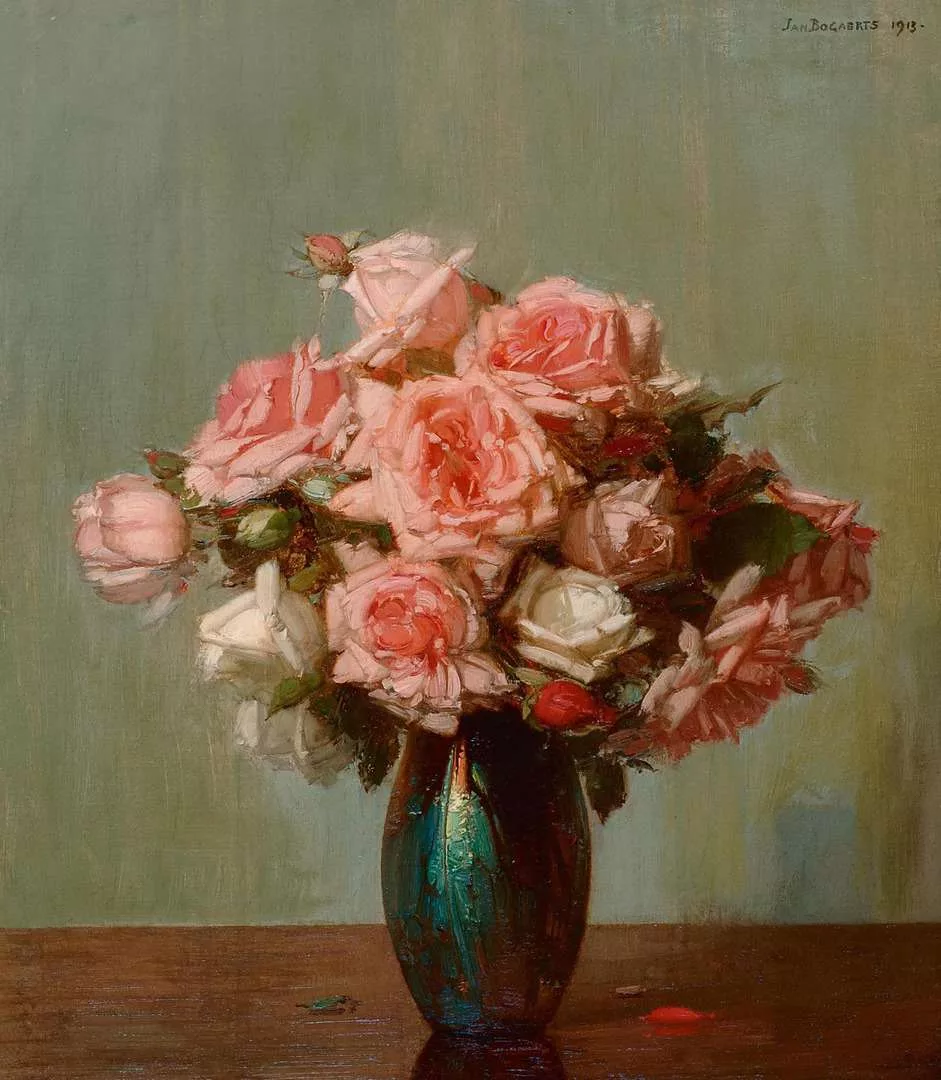 Jan Bogaerts: Roze roosjes in een vaas