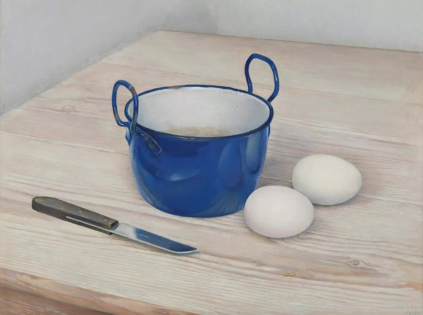 Jan Boon Stilleven met eieren mes en blauw emaille pannetje
