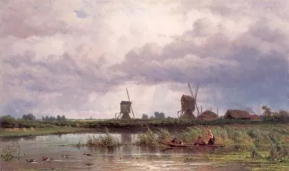 Jan Willem van Borselen: Waterrijk zomerlandschap met molens en figuren in een bootje