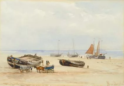 Jan Willem van Borselen: Strandgezicht met platbodems en vissersvolk