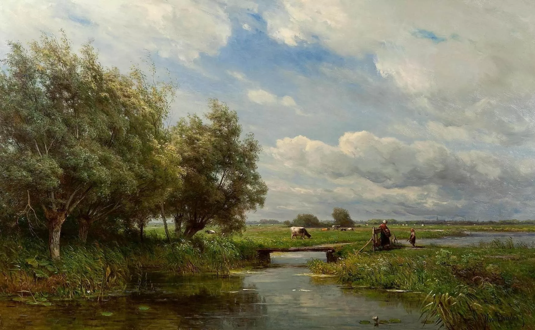 Jan Willem van Borselen: Hollands polderlandschap met vaart en bomen