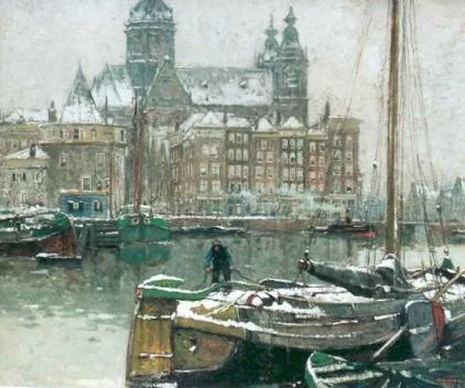 Henry Cassiers: Gezicht op de Schreierstoren en de St Nicolaaskerk te Amsterdam in de winter