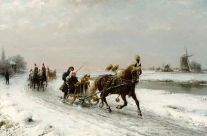 Otto Eerelman: Feestelijke stoet arresleden in een Noord-Nederlands winterlandschap