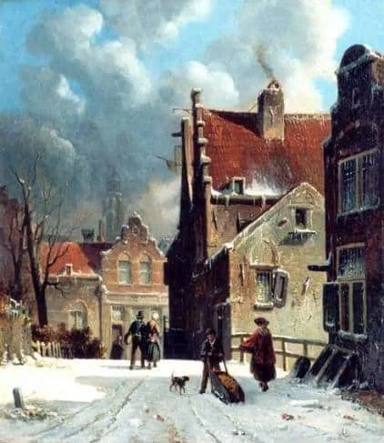 Adrianus Eversen: Diverse figuren in een Oud-Hollands winters straatje