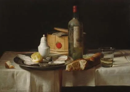 Johannes Hendrik Eversen: Stilleven met fles, oesters, glas en brood