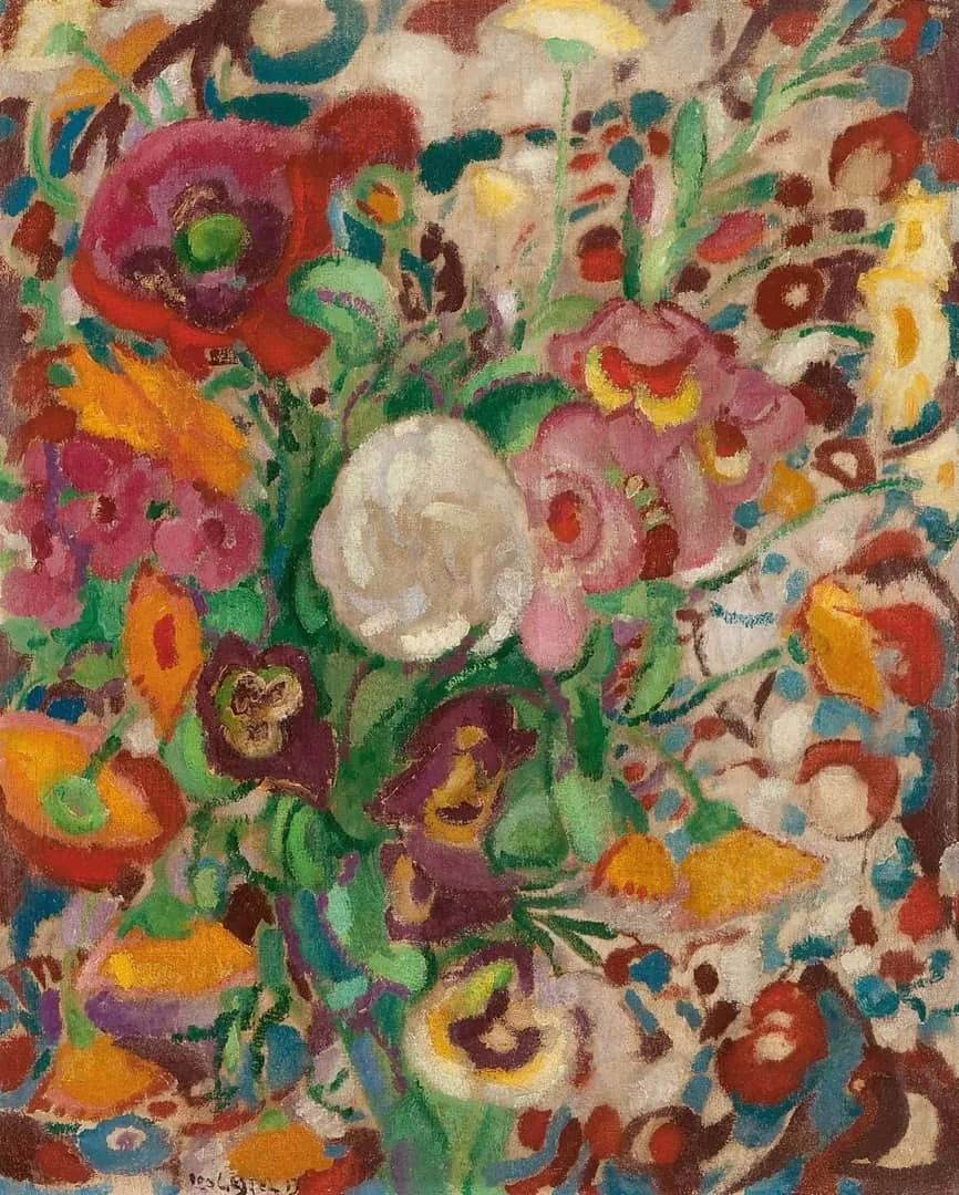 Leo Gestel: Stilleven met goudsbloemen, klaprozen, bottelrozen en andere bloemen