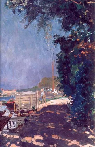 Leo Gestel: Figuren en boten langs de oever