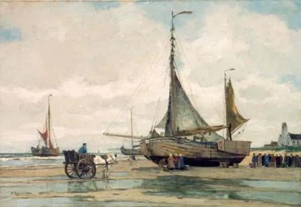 Wilhelm Hambüchen: Vissersvolk en bomschuiten op het strand van Katwijk