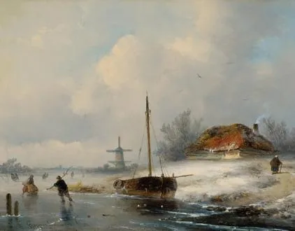 Johannes Franciscus Hoppenbrouwers: IJsgezicht met schaatsers
