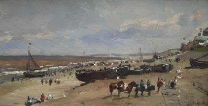 Johannes Frederik Hulk: Boten op het Scheveningse strand met op de achtergrond het Kurhaus