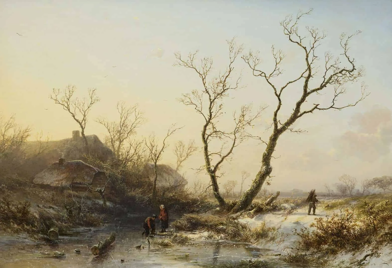 Pieter Kluyver: Wintergezicht met schaatsers en houtsprokkelaars