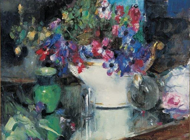 Jean Laudy: Stilleven met anemonen op een tafel