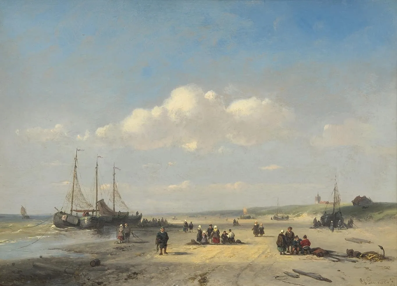 Charles Leickert: Bomschuiten en vissers op het strand van Scheveningen