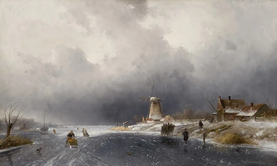 Charles Leickert: Bevroren vaart met molen op de achtergrond
