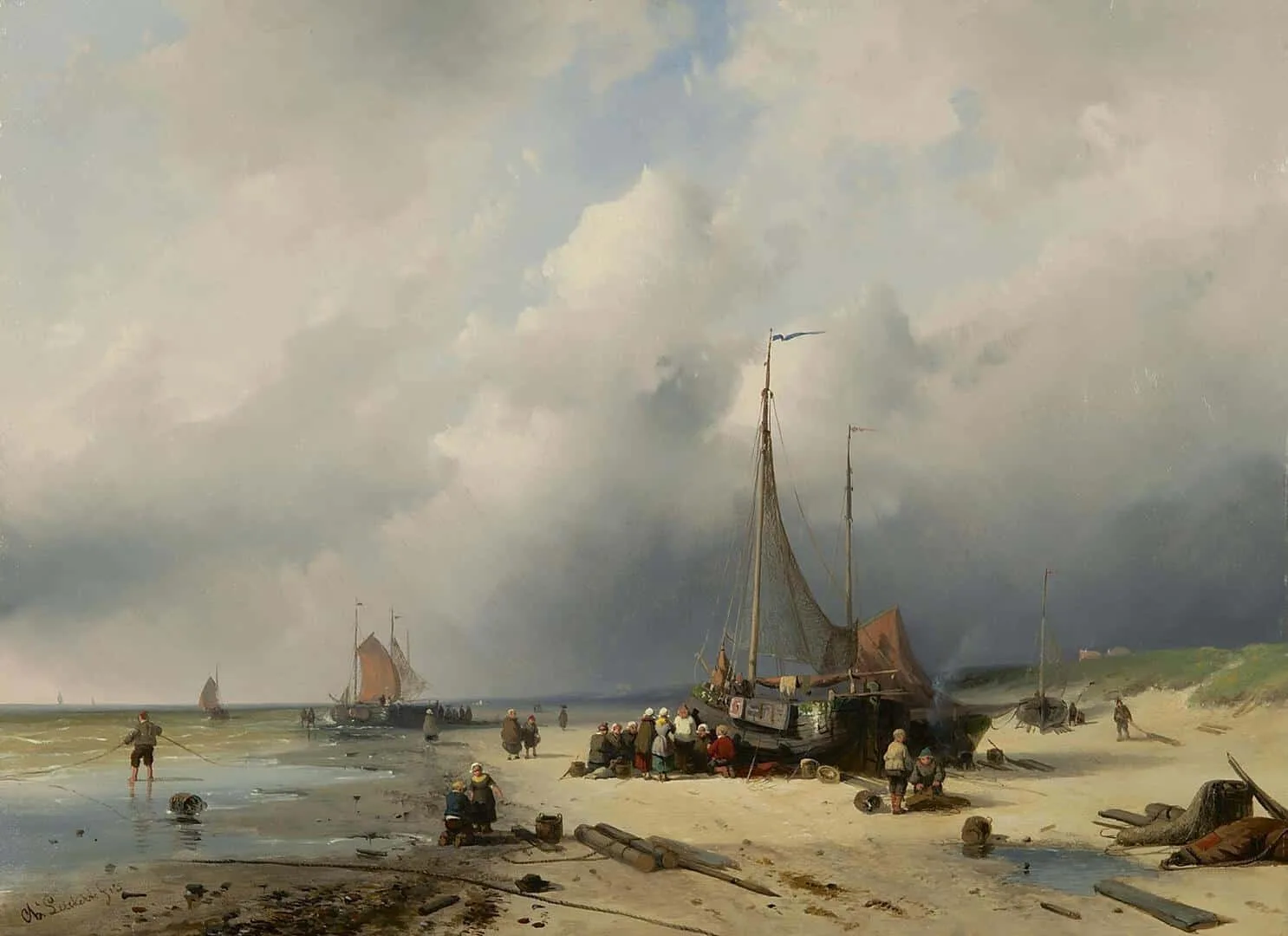 Charles Leickert: Bomschuiten en vissers op het strand