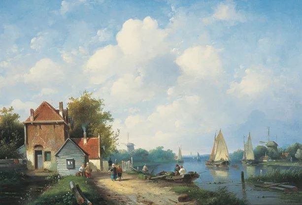 Charles Leickert: Bedrijvigheid langs een vaart tijdens een zomerse dag