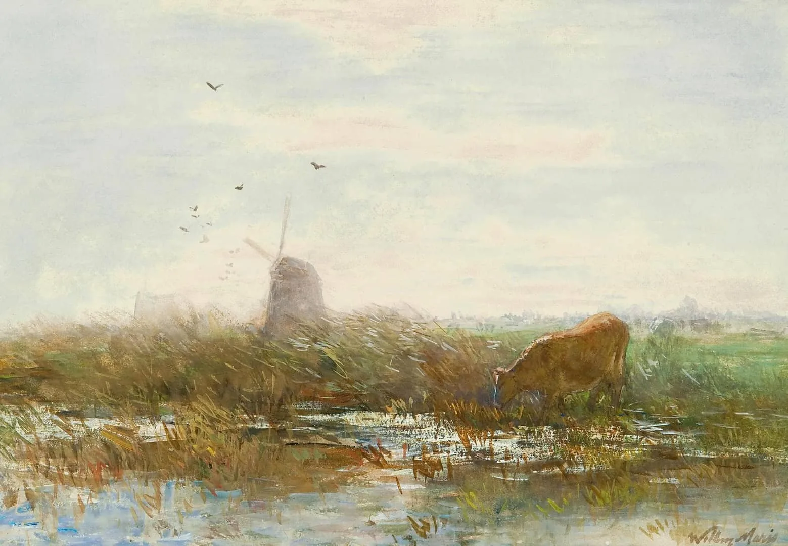 Willem Maris: Koeien in een polderlandschap met molen