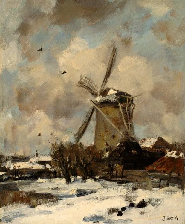 Jacob Maris: Een molen in winterse sneeuw