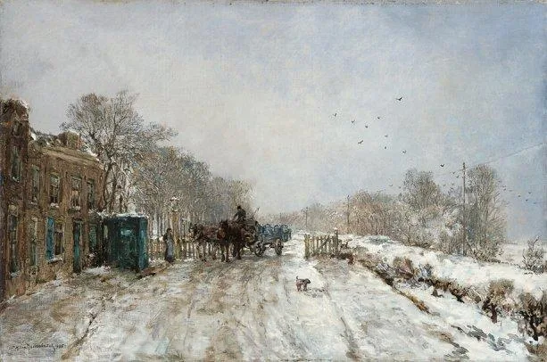 Johan Hendrik van Mastenbroek: Wintergezicht met paard en wagen bij een tolhek