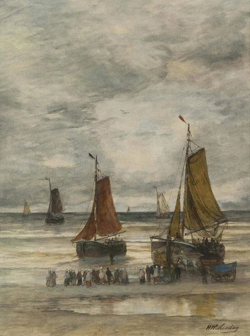 Hendrik Willem Mesdag: Bomschuiten en vissersvolk op het strand