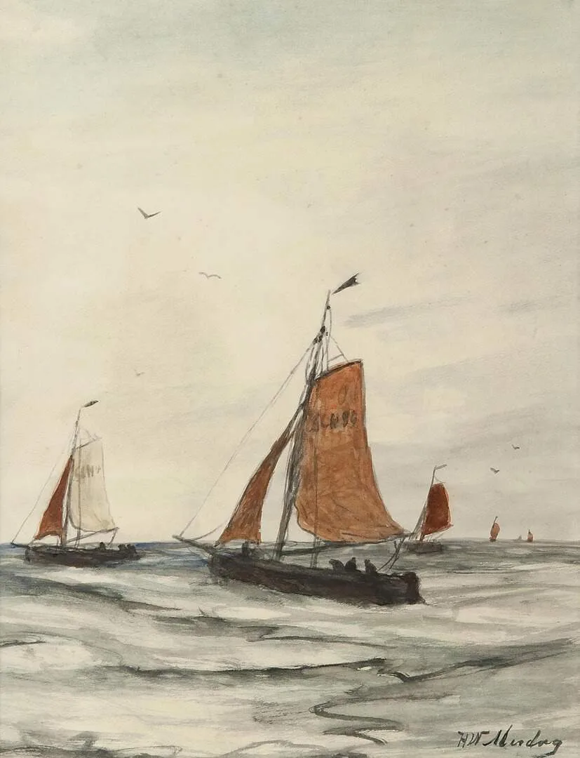 Hendrik Willem Mesdag: Scheveningse bomschuiten op zee