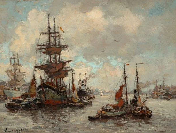 Evert Moll: Rotterdams havengezicht met driemasters